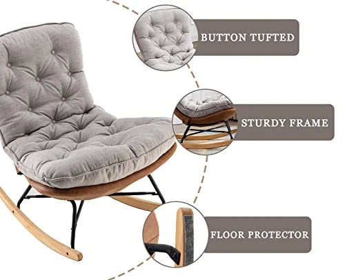 Kmax Rocking Chair Nursery Tufted Accent Glider Chair With Tufted Linen Fabric Cushion PU Leather Base For Baby Nursery Bedroom Living Room, Light Grey - Image 4