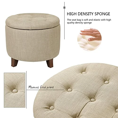 Adeco Fabric Cushion Button Tufted Lift Top Storage Footstool, Height 17 Inches Strudy Round Ottomans & Storage Ottomans - Image 6