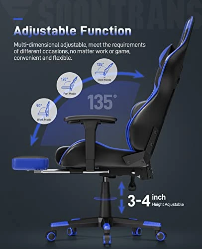 Soontrans Blue Gaming Chair With Footrest, Leather Ergonomic Gaming Chairs For Adults With Massage Lumbar Support & Headrest For Office Work, Height Adjustable Gamer Chair, Comfortable Computer Chair - Image 5