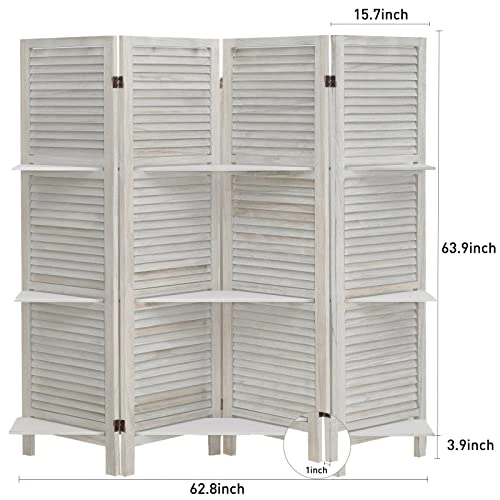 ECOMEX 4 Panel Room Divider With Shelves 5.6Ft Tall Folding Privacy Screens Room Dividers For Bedroom Home Double Hinged Wooden Room Dividers And Room Separator, White - Image 4
