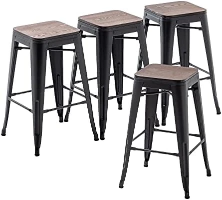 Changjie Furniture Bar Stools Set Of 4 With Wooden Seat Backless Barstools Industrial Counter Height Bar Stools Stackable For Kitchen (30 Inch, Matte Black) - Image 7
