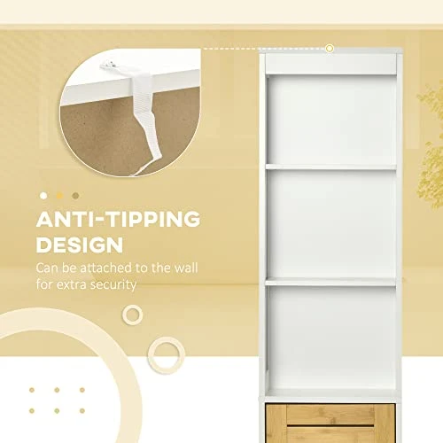 Kleankin Tall Bathroom Storage Cabinet, Free Standing Bathroom Cabinet Slim Side Organizer With 3 Shelves And Bamboo Cabinet, White/Natural - Image 5