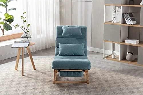 Modern Rocking Lounge Chair, Upholstered Glider Chair For Adults, Accent Rocker Chair With Large Back & Pull Out Pedal, Lie Or Sleep Lazy Chair For Living Room, Bedroom, Balcony (Light Blue Polyester) - Image 2