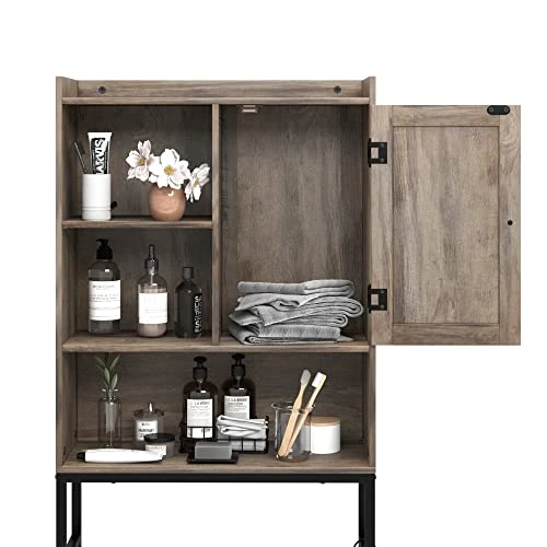 Over The Toilet Storage Cabinet, 4-Tier Bathroom Organizer Shelves, Toilet Organizer Rack With With Cupboard And Hooks, Easy Assembly, Light Gray - Image 2