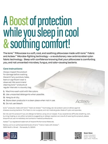 Ionic Fabric Antimicrobial Pillowcase, USA, With Acteev Active Zinc Ion Protection Technology (Travel)