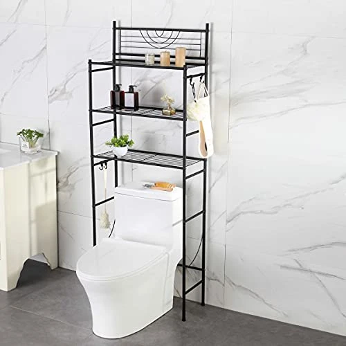 Kimzda 3-Tier Bathroom Over The Toilet Storage Rack Free Standing Metal Frame Shelf Organizer, With 4-Hooks, Black - Image 2