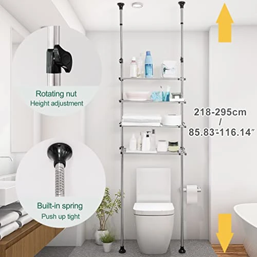 Hershii 4-Tier Over The Toilet Storage Rack Bathroom Space Saver Laundry Shelf Above Washer Dryer Organizer Unit Stand Double Tension Poles, Adjustable Height & Width - Black - Image 2