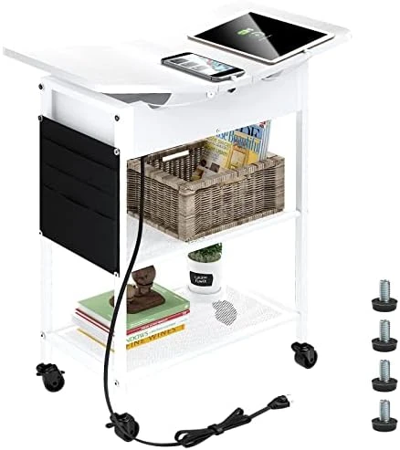 Slim Side Table With USB Ports And Outlets, Narrow End Table With Storage Shelf And Bag For Small Spaces 2 Sides Flip Top Nightstand With Charging Station Rolling Wheels For Living Room Bedroom Black - Image 8