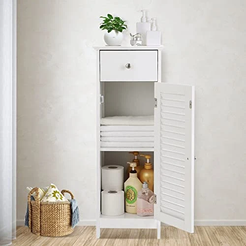 Noskatu Bathroom Floor Cabinet Small Storage Corner Floor Cupboard With A Single Shutter Door And Drawer Narrow Bathroom Cabinet For Bathroom Bedroom Living Room Kitchen White - Image 3
