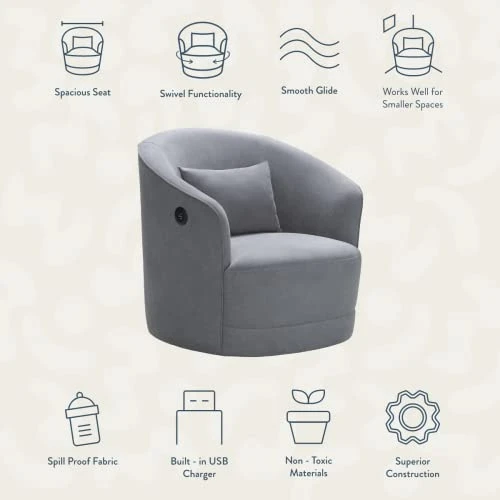 Nurture& The Swivel Premium Glider Swivel Chair For Nursery Or Living Room With Built-in USB Charger And Stain-Resistant Performance Fabric (Gray) - Image 5