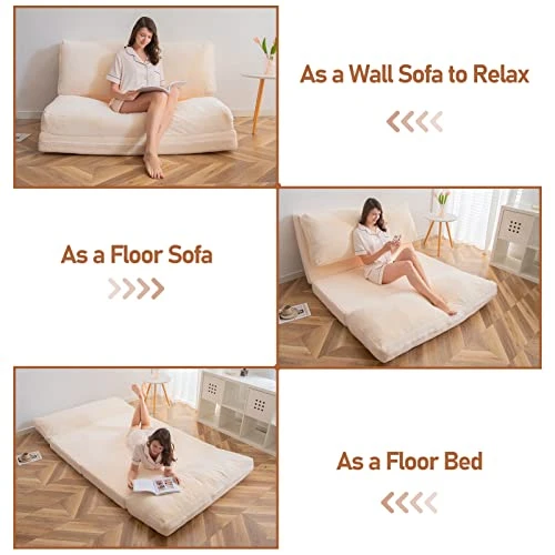 MAXYOYO Faux Fur Bean Bag Bed Floor Sofa Foldable Floor Couch, Foam Filling Wall Sofa Bed, Foldable Floor Mattress For Adults, Extra Thick Guest Mattress With Washable Cover, Beige, 54x95 Inch - Image 4