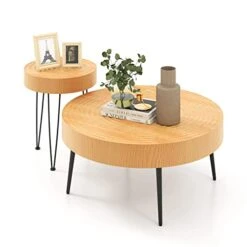 COSTWAY Farmhouse Round Coffee Table Set Of 2, Rustic Sofa Side Tea Tables W/Wood Finish, Metal Frame, Adjustable Foot Pads, Nesting End Table Set For Living Room, Bedroom, Natural (Ring Pattern)