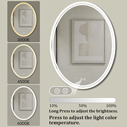 BuLife 28 X 20 Inch Oval LED Bathroom Mirror Anti-Fog 3 Colors Light Dimmable Wall Mounted Lighted Bathroom Vanity Mirror Memory Makeup Mirror Touch Switch - Image 3
