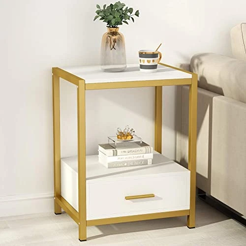 Tribesigns 25 Inch Tall Gold Nightstands With Drawers And Storage Shelf, Modern Bedside Table End Table Side Table For Bedroom, Living Room (1 Pc, Gold And White) - Image 2