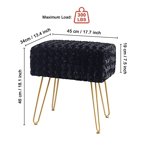SCRIPTRACT Modern Mink Square Footstool Ottoman Bench Flower Pattern Furry Faux Fur Vanity Stool Chair With Golden Metal Leg For Vanity Entryway Bathroom Living Room Bedroom (Black Rose) - Image 2