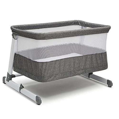 Delta Children Simmons Kids Room2Grow 2-in-1 Newborn Bedside Bassinet & Infant Sleeper - Height Adjustable Portable Crib With Wheels & Airflow Mesh, Grey Tweed