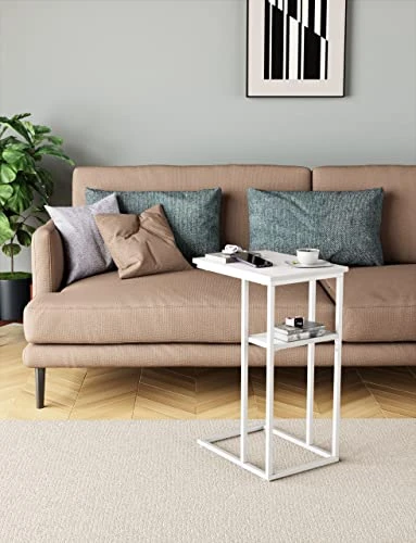 Innerjoin C Shaped End Table, Side Table With Metal Frame, TV Tray Table For Couch, Sofa Table For Living Room Bedroom, Bedside, Rustic Vintage Style, White - Image 4
