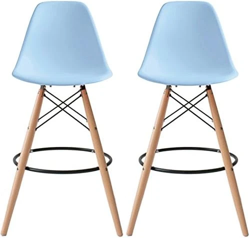 2xhome Set Of 2 Modern 28" Plastic Barstools With Wooden Dowel Legs, Contemporary Armless Counter Stools With Back And Footrest (Blue) - Image 7