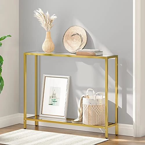 HOOBRO 39.4" Gold Console Table, Tempered Glass Sofa Table, Narrow Entryway Table, Metal Frame, Modern Style, Hallway, Living Room, GD04XG01 - Image 3