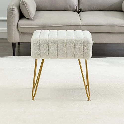 Modern Mink Square Footstool Ottoman Bench, White Faux Fur Vanity Stool With Gold Legs, Comfy Vanity Chair Entryway Bench, Makeup Stools For Vanity, Plush Fluffy Footrest For Bedroom, Living Room - Image 5