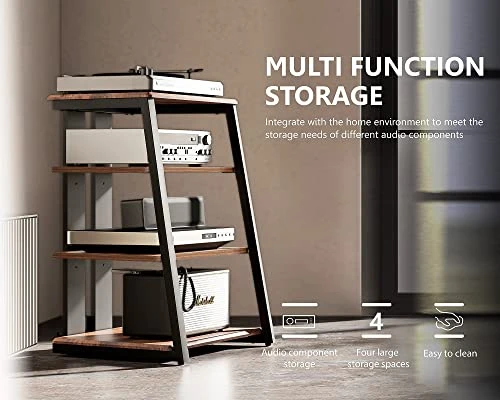 FITUEYES Design 4-Tier AV Media Stand Corner Shelf Stand Wooden Corner Shelves Component Cabinet Stereo Rack Audio Tower With Height Adjustable Wooden Shelves For/Apple Tv/Xbox One/ps4 (Walnut) - Image 5