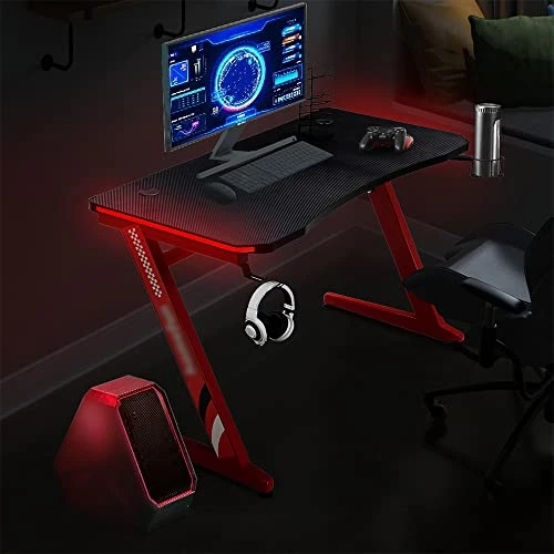 MNSSRN 47" Gaming Table, Carbon Fiber Surface Gaming Table Red Z Shape Gaming Table With Cup Holder, Headphone Hook Cable Management Gaming Table - Image 4
