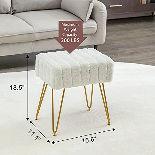 Modern Mink Square Footstool Ottoman Bench, White Faux Fur Vanity Stool With Gold Legs, Comfy Vanity Chair Entryway Bench, Makeup Stools For Vanity, Plush Fluffy Footrest For Bedroom, Living Room - Image 2