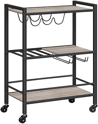 HOOBRO Bar Cart For The Home, 3-Tier Serving Cart On Wheels, Kitchen Cart With Wine Rack And Glass Holder, Rolling Beverage Cart For Living Room, Party, Bar, Rustic Brown And Black BF35TC01G1 - Image 6