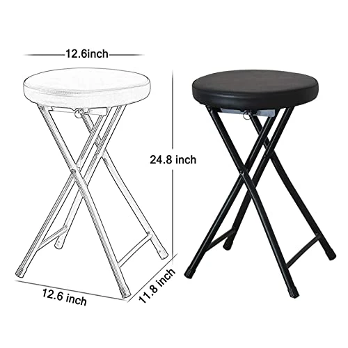 QQXX Folding Stool With Footrest,Portable Collapsible Bar Stool,Leather Padded Foldable Stool Round Stool For Outdoor/Indoor Camping Fishing Kitchen Dorm Rec Room(Seat Height 24.8inch, Black) - Image 2