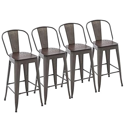 Yongchuang Metal Barstools 30" Seat Height High Back Bar Stools Industrial Kitchen Dining Stools Bar Chairs With Wooden Top Set Of 4, Gunmetal