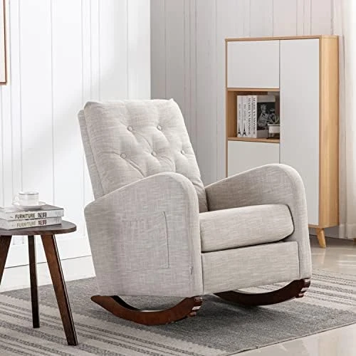 Rocking Chair Modern,Upholstered Glider Rocker Chair For Nursery,Comfy Armchair With Side Pocket For Living Room (White) - Image 14