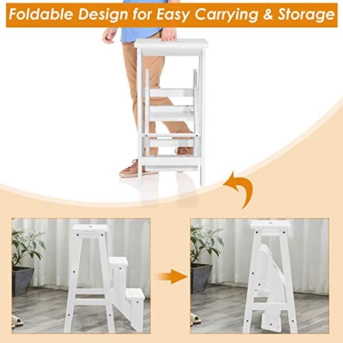 DORTALA 3 Tier Folding Step Stool, Rubber Wood Multifunctional Ladder Chair Bench, Portable Utility Seat, Flower Rack, Light Weight Design, 353 Lbs Capacity, Ideal For Library, Home, White - Image 4