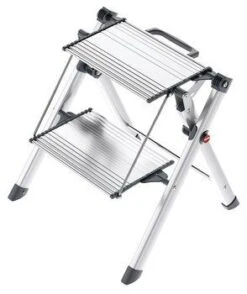 2 Steps Stool With Handle, Heavy Duty, 330 Lbs Load Capacity, Folding, Silver