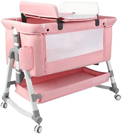 HARPPA Baby Bassinet Bedside Sleeper (Diaper Changing Station + Mosquito Net Included), Adjustable Bedside Crib With Storage, Converts To Cradle And Cosleeper, Portable, Easy Folding. Pink - Image 7
