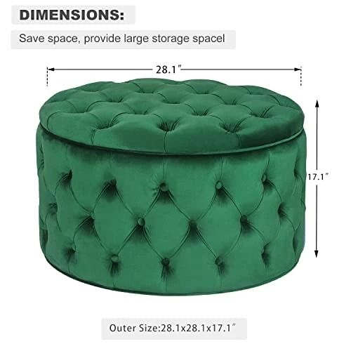 Homebeez Round Velvet Storage Ottoman Button-Tufted Footrest Stool Coffee Table For Living Room (Emerald Green) - Image 3