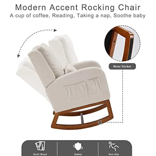 Iroomy Modern Accent Upholstered Rocking Glider Rocker High Back Arm Chair W/2 Side Pockets, Indoor For Living Room/Bedroom/Nursery-Beige - Image 4