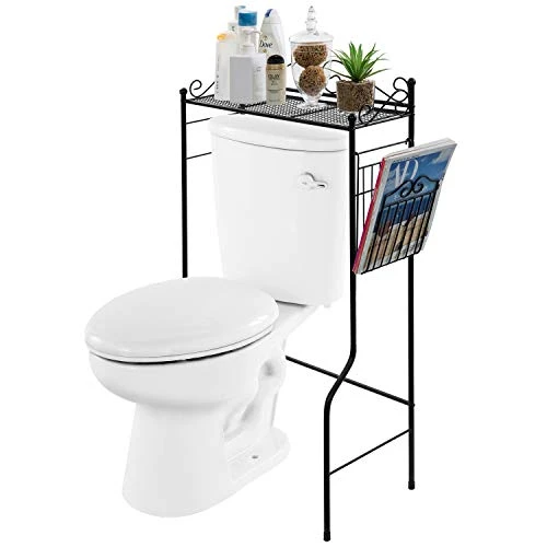 MyGift Black Metal Bathroom Over The Toilet Shelf With Magazine Basket, Space Saver Freestanding Storage Organizer Rack
