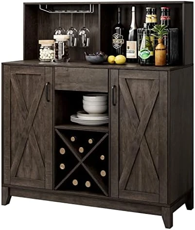 HOSTACK Wine Bar Cabinet For Liquor And Glasses, Barn Doors Wine Cabinet With Adjustable Storage Shelves, Wooden Sideboard Buffet Storage Cabinet For Kitchen, Dining Room, Farmhouse Ash Grey - Image 8