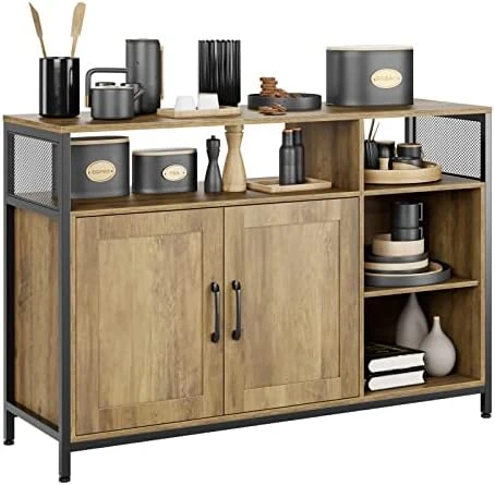 HITHOS Kitchen Buffet Cabinet, Accent Sideboard Buffet With Storage, Wood Floor Storage Cabinet With Doors And Shelves, Industrial Living Room Dining Room Furniture, Dark Brown - Image 9