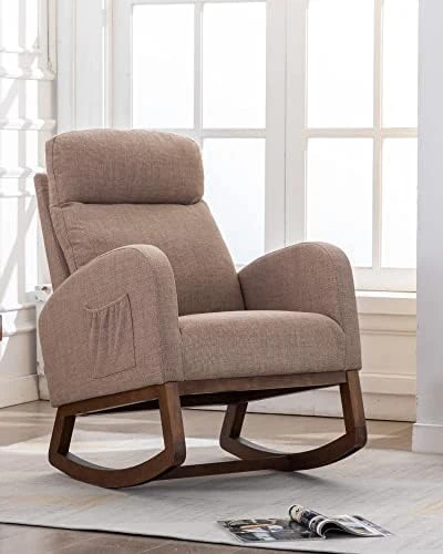 Luccalily Swivel Rocking Chair For Nursery, Upholstered Glider Nursery Chair With Breathable Fabric For Bedroom, Living Room, Beige - Image 12