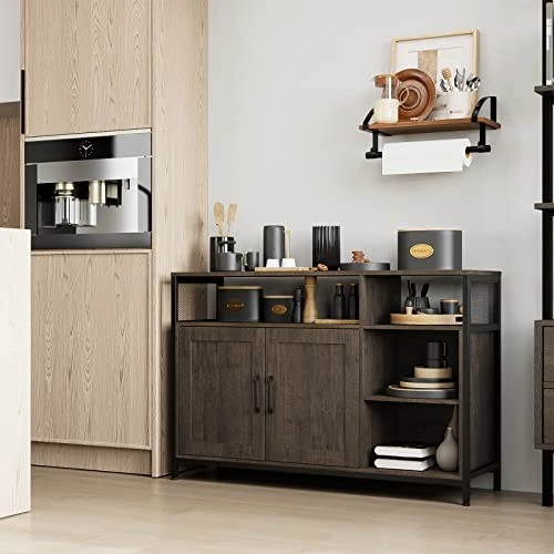 HITHOS Kitchen Buffet Cabinet, Accent Sideboard Buffet With Storage, Wood Floor Storage Cabinet With Doors And Shelves, Industrial Living Room Dining Room Furniture, Dark Brown - Image 2