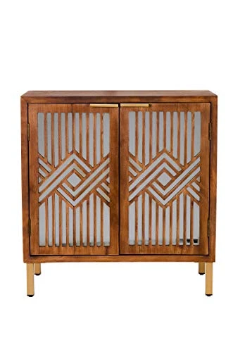 LONYKE Mid Century Modern Dresser, 2 Door Accent Cabinet Woven With Mirror Fronts Clean-Lined Silhouette, Natural - Image 4