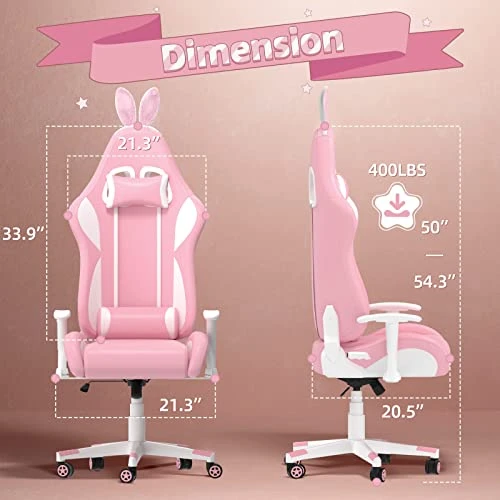 MUZII Pink Gaming Chair, Video Game Chairs, Racing Office Gaming Chairs For Adults Girls, PU Leather Computer Chair, PC Gamer Chair With Headrest And Lumbar Support - Image 2