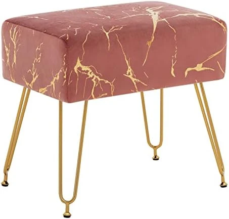 Fefances Large Vanity Stool Chair For Makeup Room Modern Faux Fur Square Ottoman Comfortable Footrest Stool With V Gold Legs Grey - Image 5