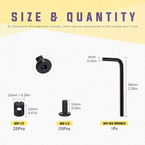 Swpeet 51Pcs Black M6 × 15mm Crib Hardware Screws, Hex Socket Head Cap Crib Baby Bed Bolt And Barrel Nuts With 1 X Allen Wrench Perfect For Furniture, Cots, Crib Screws (M6x15mm) - Image 2