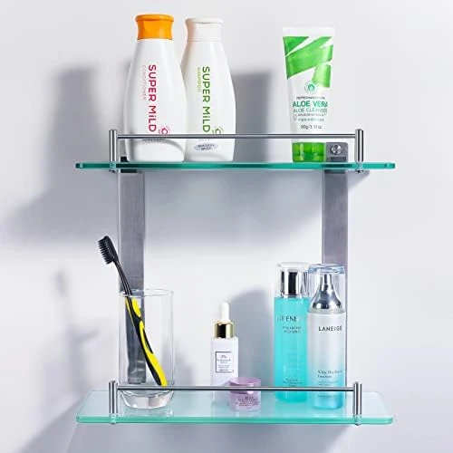 HOMEIDEAS Bathroom Glass Shelf - 16.5 Inch Tempered Glass, Wall Mounted Brushed Nickel Shelf - Rustproof SUS 304 Stainless Steel Frosted Glass Shelf - Image 6