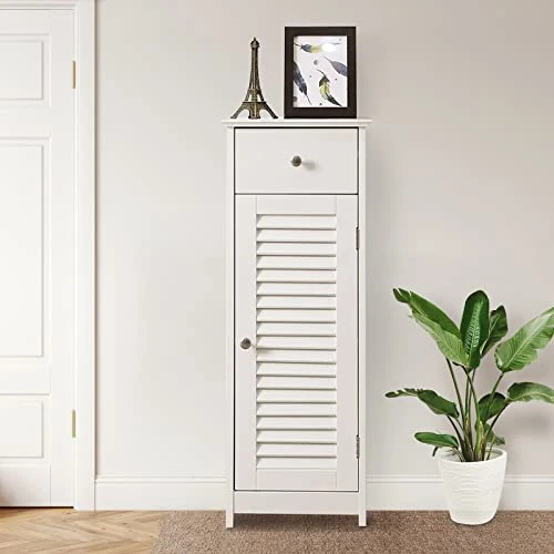 Noskatu Bathroom Floor Cabinet Small Storage Corner Floor Cupboard With A Single Shutter Door And Drawer Narrow Bathroom Cabinet For Bathroom Bedroom Living Room Kitchen White - Image 2