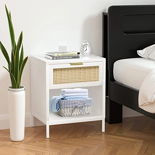 Anmytek Modern Wood Nightstand With Natural Rattan Drawer, Mid Century Side Table Farmhouse Bedside End Table Storage Drawer And Shelf For Bedroom Living Room White/Gold-H0052 - Image 3