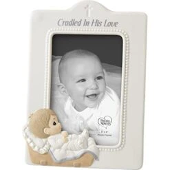 Baby In Cradle Baptism Photo Frame - Boy, White