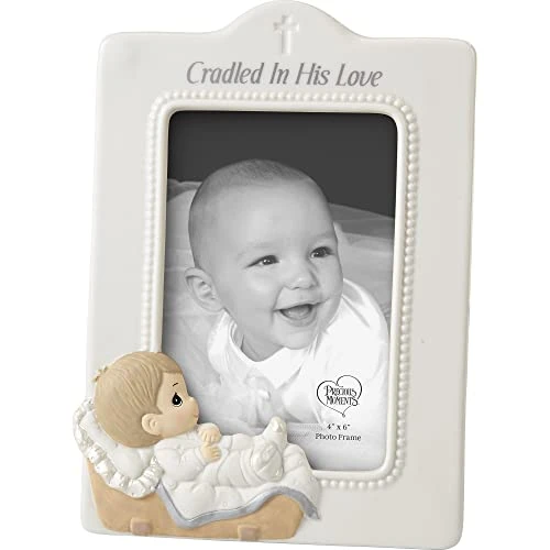 Baby In Cradle Baptism Photo Frame - Boy, White